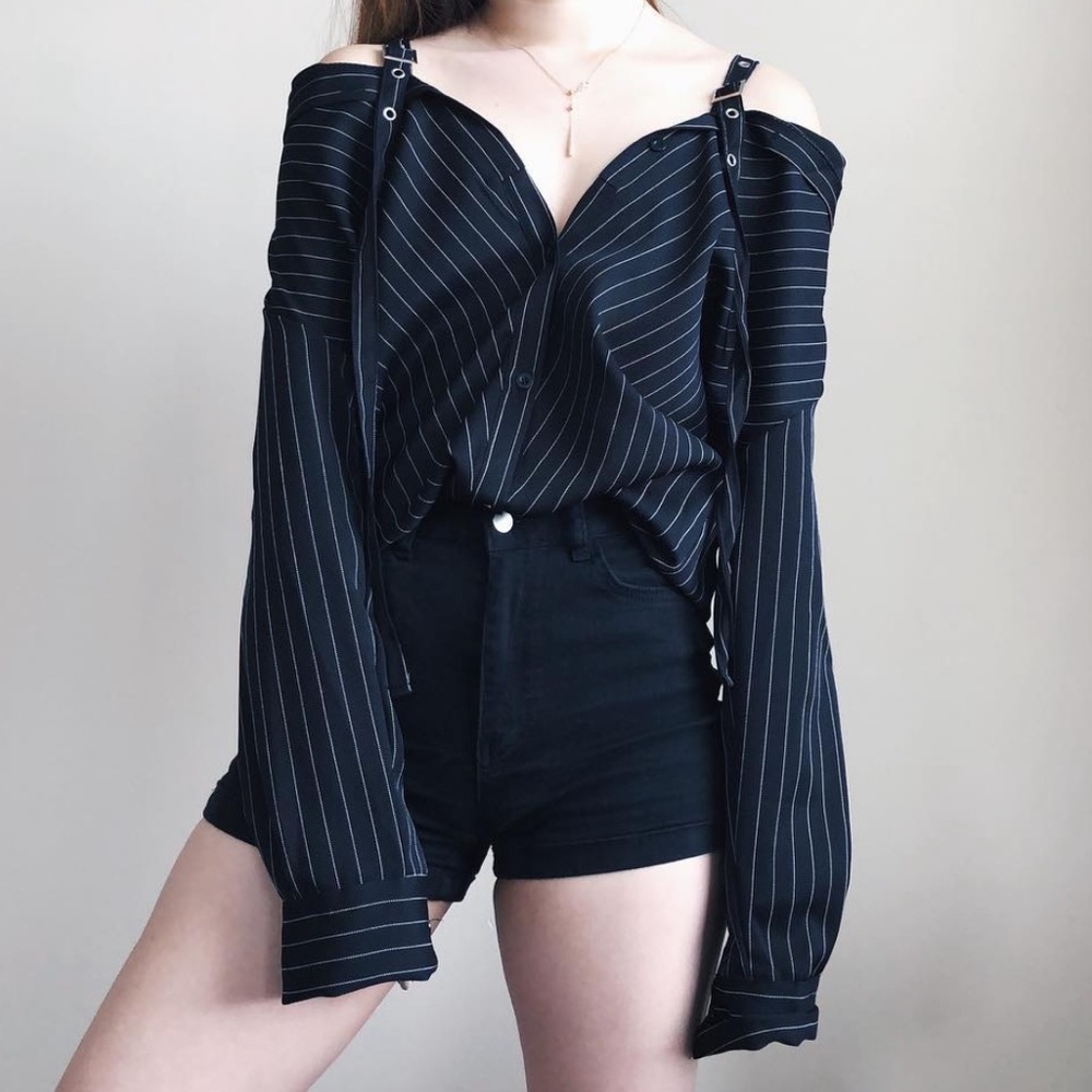 Off The Shoulder Pinstripe Button Down